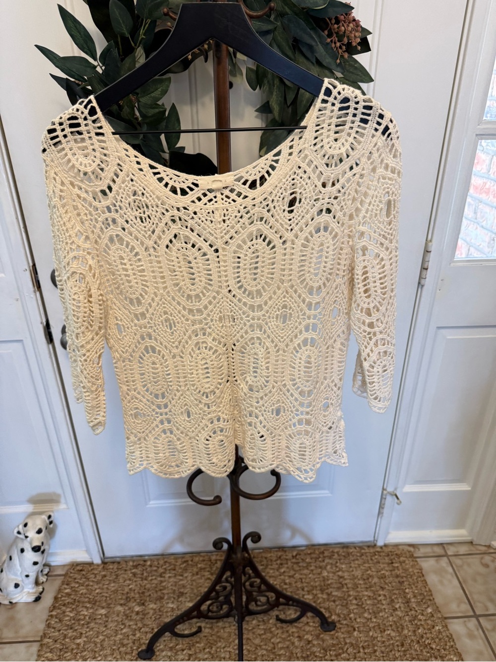 Adiva Boho Dainty Cream Full Crochet Open Knit Topper Top M